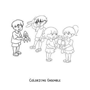Image à colorier de garçons et de filles qui jouent avec des jouets à l'école