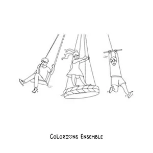 Image à colorier d'enfants qui jouent sur les balançoires du parc