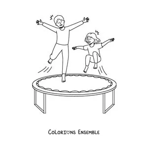 Image à colorier d'enfants qui jouent sur un trampoline