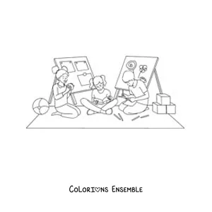 Image à colorier d'enfants qui jouent et étudient à l'école