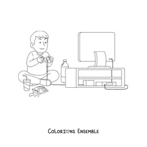 Image à colorier d'un petit garçon assis qui joue aux jeux vidéo devant la télévision