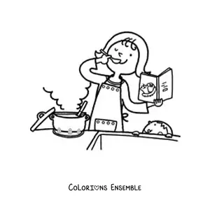 Image à colorier d'une maman qui cuisine pendant que son fils la regarde