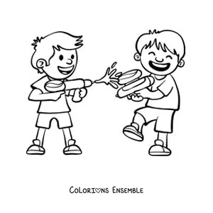 Image à colorier de deux amis qui jouent avec des pistolets à eau