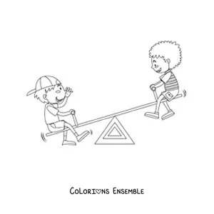 Image à colorier de deux amis qui jouent sur une balançoire à bascule
