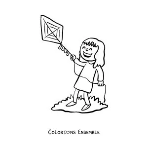 Image à colorier d'une petite fille qui joue avec un cerf-volant