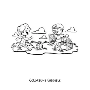 Image à colorier de deux enfants animés qui jouent au football dans le parc