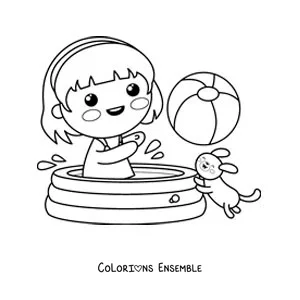 Image à colorier d'une petite fille kawaii qui joue avec un ballon dans la piscine