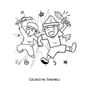 Image à colorier de deux amis qui jouent avec des jouets