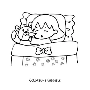 Image à colorier d'une petite fille qui dort avec son ourson en peluche dans son lit