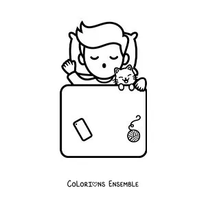 Image à colorier d'un petit garçon qui dort avec son chat