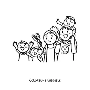 Image à colorier d'une famille de deux parents et trois enfants