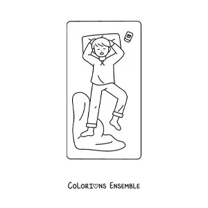 Image à colorier d'un petit garçon endormi dans son lit à côté de son téléphone