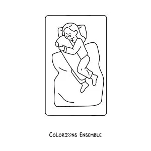 Image à colorier d'une petite fille endormie dans son lit qui serre un oreiller