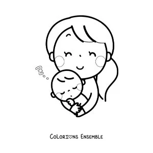 Image à colorier d'une maman qui endort son bébé dans ses bras