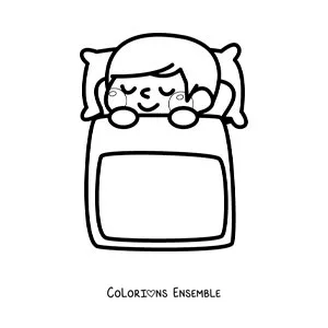 Image à colorier d'une petite fille kawaii qui dort dans son lit