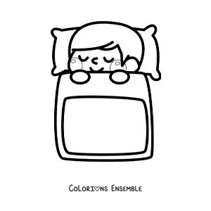Image à colorier d'un petit garçon kawaii qui dort dans son lit