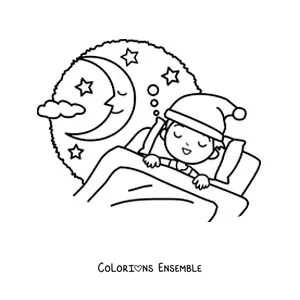 Image à colorier d'un petit garçon endormi dans son lit, avec la lune en arrière-plan