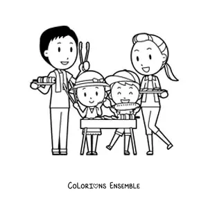 Image à colorier d'une famille qui fait un barbecue