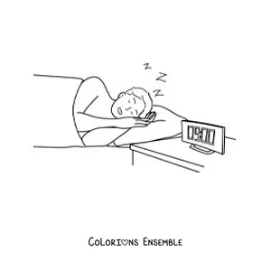 Image à colorier d'un jeune garçon endormi dans son lit avec une horloge qui marque 9 heures