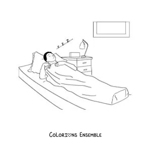 Image à colorier d'un homme endormi dans son lit en train de rêver