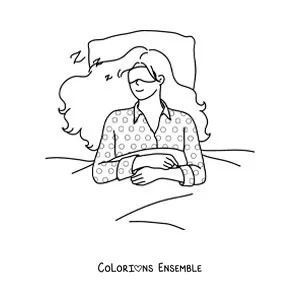 Image à colorier d'une petite fille qui dort dans son lit avec un masque de nuit