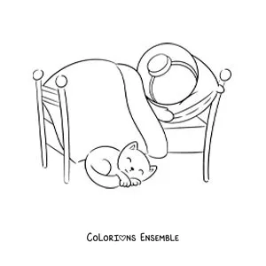 Image à colorier d'un astronaute animé qui dort dans son lit avec son chat