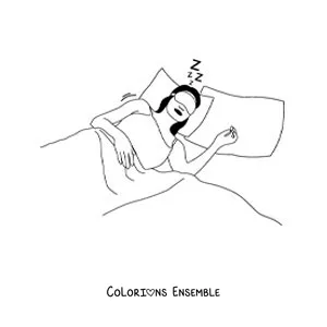 Image à colorier d'une femme endormie dans son lit avec un masque de nuit