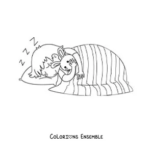 Image à colorier d'un petit garçon qui dort dans son lit avec son lapin en peluche