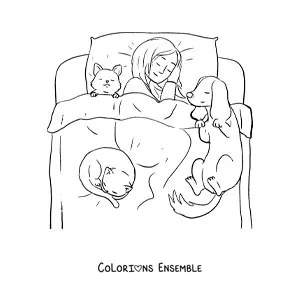 Image à colorier d'une petite fille qui dort dans son lit avec ses animaux de compagnie