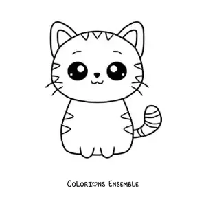 Image à colorier d’un chat kawaii à rayures assis