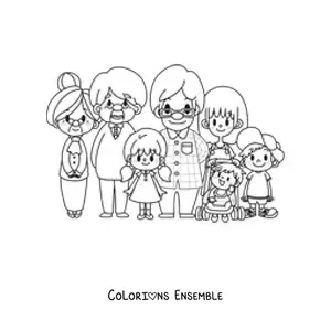 Image à colorier d'une famille kawaii qui pose avec ses grands-parents