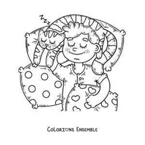 Image à colorier d'un petit garçon qui dort dans son lit avec son chat
