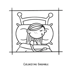 Image à colorier d'un dessin d'une petite fille qui dort dans son lit