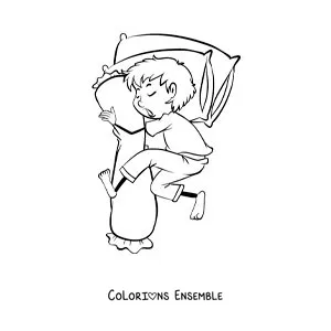 Image à colorier d'un petit garçon animé qui dort en serrant un oreiller