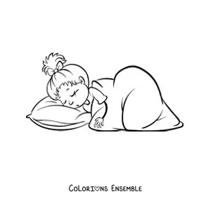 Image à colorier d'une petite fille animée qui dort sous une couverture
