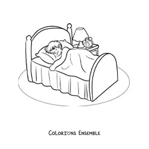 Image à colorier d'un petit garçon animé qui dort dans sa chambre avec un réveil