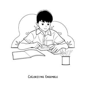Image à colorier d'un petit garçon en uniforme qui étudie dans un livre