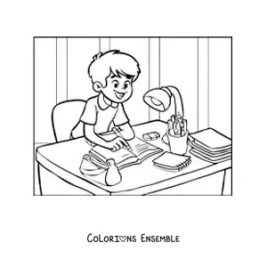 Image à colorier d'un petit garçon qui écrit ses devoirs à un bureau