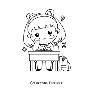 Image à colorier d'une petite fille kawaii qui fait ses devoirs de maths à un pupitre