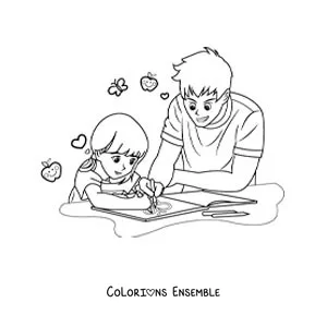 Image à colorier d'un papa qui aide sa fille à faire ses devoirs