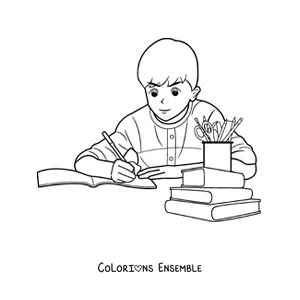 Image à colorier d'un petit garçon qui fait ses devoirs à table