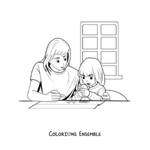 Image à colorier d'une maman qui aide sa fille à faire ses devoirs