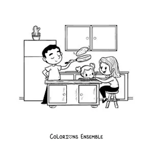 Image à colorier d'une maman qui aide sa fille avec ses devoirs pendant que papa cuisine