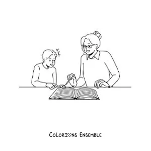 Image à colorier d'une maman qui aide son fils avec ses devoirs