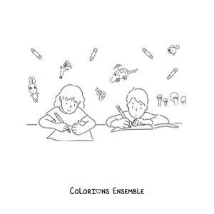 Image à colorier de deux enfants qui font leurs devoirs à table