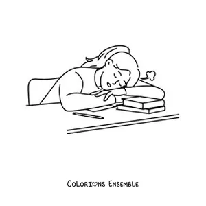 Image à colorier d'une petite fille endormie à table après avoir fait ses devoirs