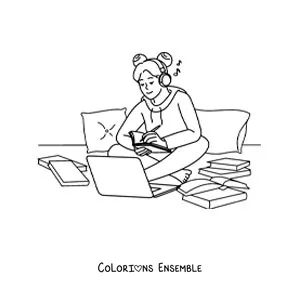 Image à colorier d'une petite fille qui fait ses devoirs à l'aide d'un ordinateur portable