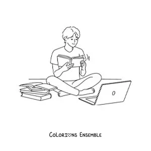 Image à colorier d'un petit garçon qui fait ses devoirs à l'aide d'un ordinateur portable