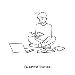 Image à colorier d'un petit garçon qui étudie pour l'école avec des livres et un ordinateur portable