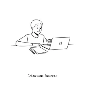 Image à colorier d'un petit garçon qui fait des recherches pour ses devoirs avec un ordinateur portable